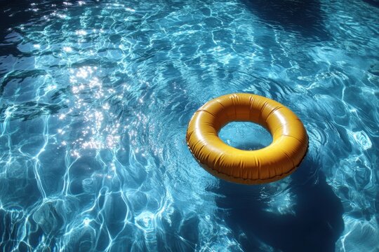 Bright yellow pool float floating in sparkling blue water on a sunny day in a backyard setting