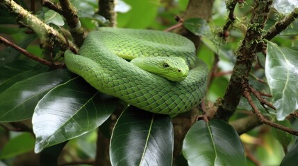Emerald Tree Viper: Coiled Predator in Lush Green Habitat
