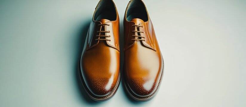 Polished brown leather shoes, studio shot, minimalist background, advertising