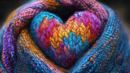 Colorful knitted heart nestled within a textured scarf.