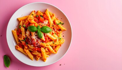 Handmade pasta dish with tomato sauce and herbs, studio photo setup, solid pastel pink background, ample space around the dish to highlight the food’s details