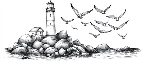 Illustrative coastal landscape with lighthouse, house, rocks and a flock of birds