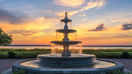 Fototapeta premium Sunset Fountain at Lakeside Park