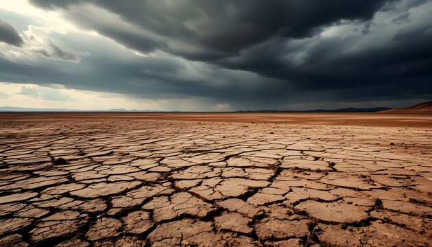 Ominous desert landscape with dark sky and cracked earth creating a barren wasteland