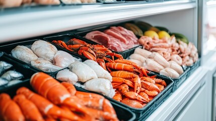 A variety of fresh seafood and meat is displayed in trays at a market or store, showcasing lobster, fish, shrimp, and more.