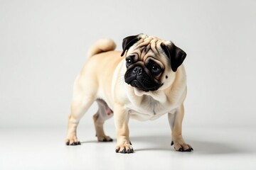 Obraz premium A solo pug, attentively looking forward, on a plain white backdrop , short haired dog, domestic animal