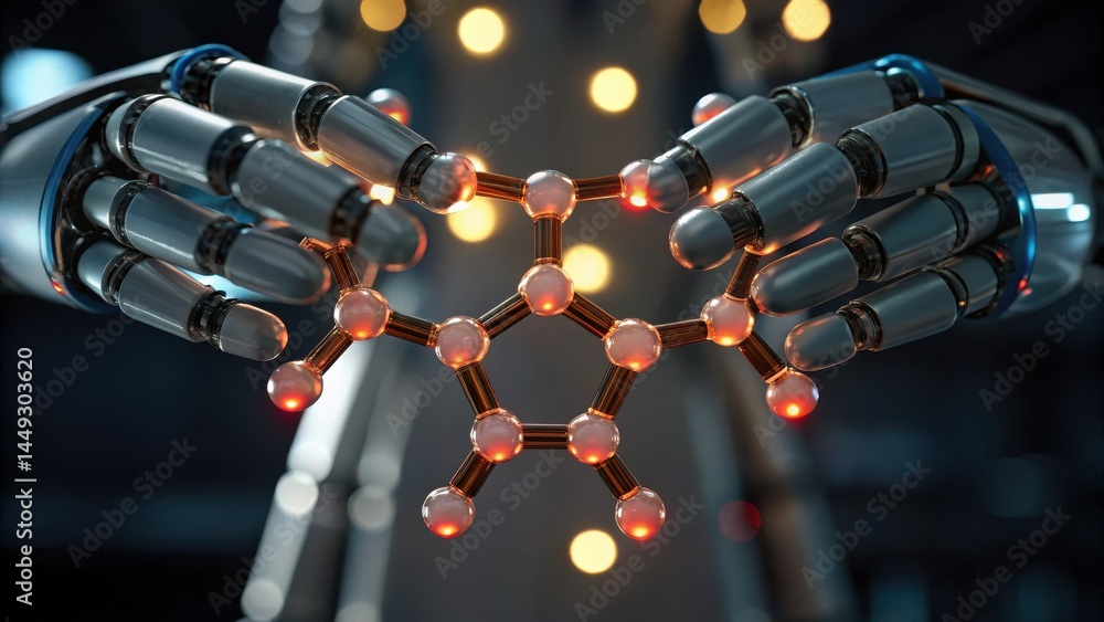 Poster robotic hands holding a molecular structure, symbolizing technology and innovation in science and ar