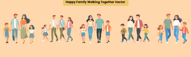 Set of flat-style family of four walking outdoors, showing connection, love, and healthy lifestyle. Perfect for family-themed content or parenting blogs.