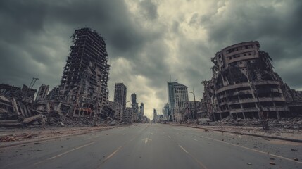 A panoramic view of a decimated cityscape featuring damaged buildings debris strewn roads and a cloudy ominous sky depicting urban disaster scenarios devastation and environmental collapse