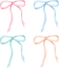set of beautiful bows ribbons isolated on white background. pink, blue, green, orange. cute multicolors bows for decoration, cards, scrapbooking, and prints