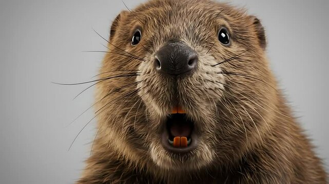 Adorable close-up of a beaver with its mouth open, showcasing its teeth and whiskers against a simple gray background.	