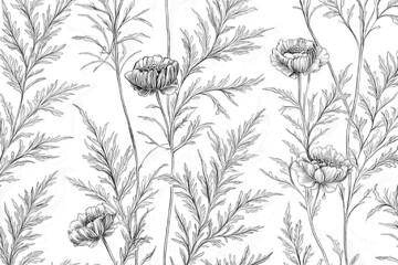 black and white toile de Jouy pattern, hand-drawn botanical illustration, vintage floral sketch, engraving style, high detail, seamless textile design, elegant, 18th century French style, monochrome