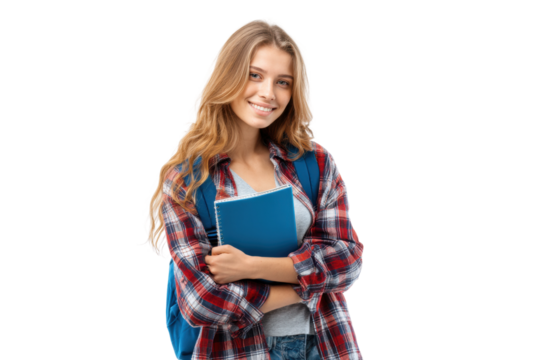 Young caucasian female student with backpack holding notebook smiling, cut out