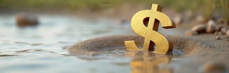 Dollar symbol sinks quicksand, symbolizing inflation economic downturn. Concept of financial crisis, monetary loss, wealth decrease. Economic instability, uncertainty, risk, recession, money issues.
