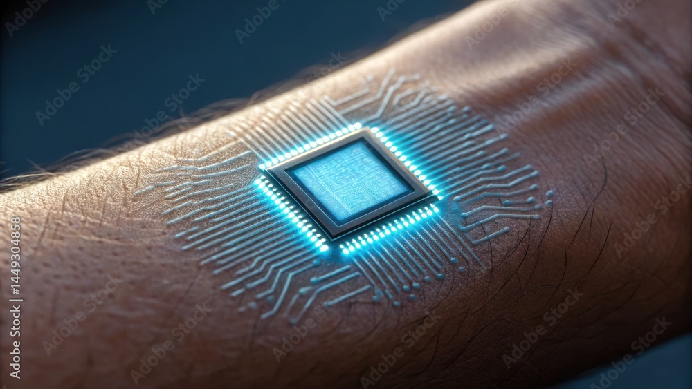 Poster a futuristic microchip embedded in human skin, glowing with blue light, representing advanced techno