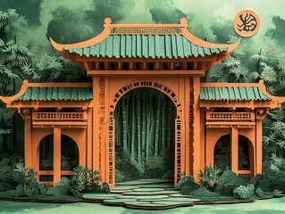Moon gate paper-cut framing bamboo forest: swastika fretwork lintel with layered green leaves and pebble path for festival decor, garden design, cultural projects, or oriental aesthetic templates