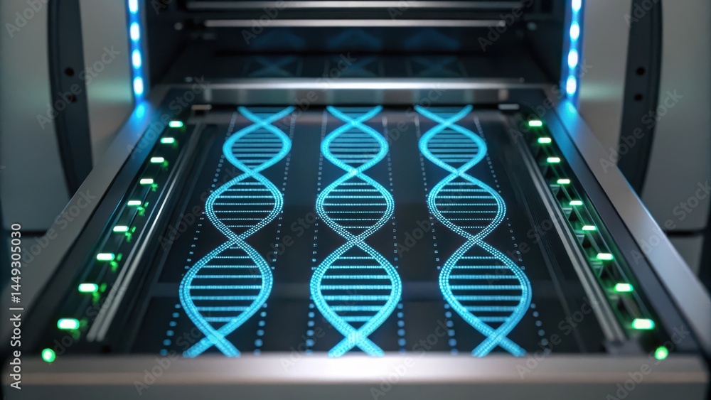 Poster high-tech equipment displaying a glowing dna double helix structure, representing advanced genetic r