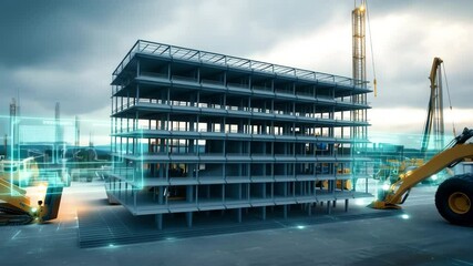 Futuristic aerial view of a building assembling from scaffolding to completion, enhanced with digital effects, holographic elements, cinematic lighting, and realistic textures - Powered by Adobe