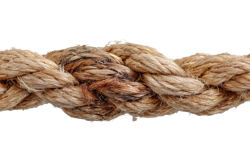 Close-up of a sturdy knotted rope with weathered texture, cut out