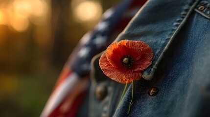 A red poppy on denim honors Memorial Day, with a flag softly behind, bathed in golden light. Remembrance and patriotism in a simple symbol