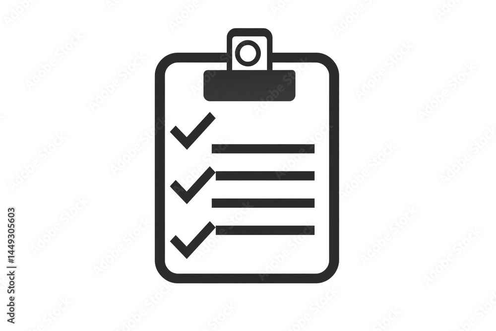 Poster a simple black clipboard outline with checkmarks and lines, perfect for task or audit icons, isolate