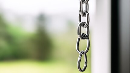 Obraz premium Close-up of a shiny metal chain hanging by a window, with a blurred green landscape outside