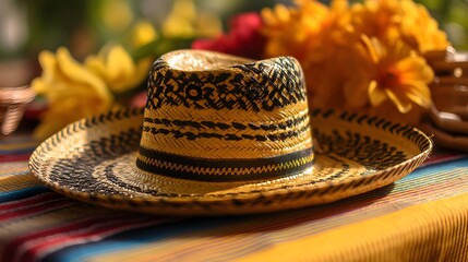 Golden sombrero vueltiao with black patterns on Colombian flag textile, celebrating cultural heritage and national pride