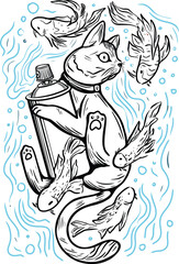 Cat with Spray Can and Fish