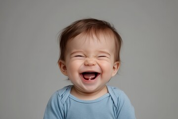 Cute, happy baby laughing, isolated on a white background. Close-up portrait of an adorable, smiling little boy with an open mouth and a funny facial expression. Stock photo, with copy space for text 