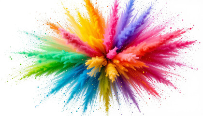 Exploding Rainbow: Vibrant Holi Powder Burst on White Background
