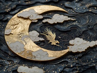 3D black-gold paper-cut art: Chinese dragon circling moon with hyper-realistic cloud patterns in fantasy style for festival decor, game assets, cinematic concepts, or cultural promotions
