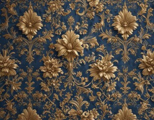 Elegant blue and gold floral damask, intricate design, traditional, style, pattern