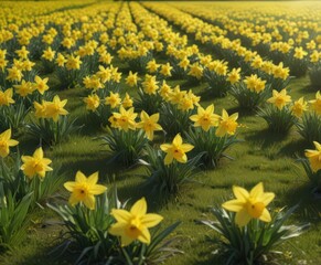 Obraz premium Sunlit daffodils burst forth in a vibrant yellow, carpeting a lush green field , wildlife, golden