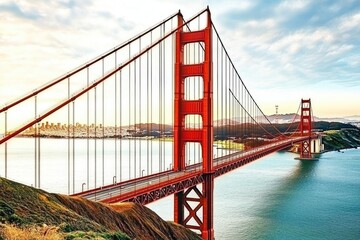 Fototapeta premium Iconic red suspension bridge spanning a bay, with cityscape in the background Sunrise or sunset light highlights the structure Elevated view showcases engineering marvel