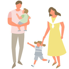 歩く子供連れのファミリー