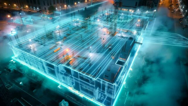 Futuristic aerial view of a building assembling from scaffolding to completion, enhanced with digital effects, holographic elements, cinematic lighting, and realistic textures
