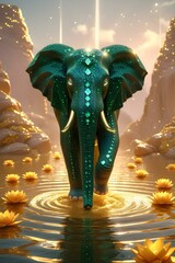 Mystical Emerald Elephant Walking on Golden Water with Lotus Flowers - Fantasy Digital Art Illustration