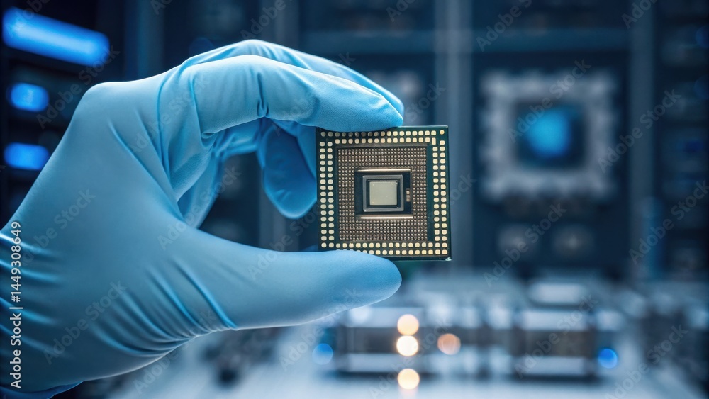 Aufkleber a gloved hand holds a microchip, showcasing technology in a laboratory setting with a blurred backgr