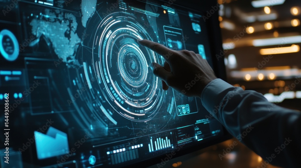 Poster futuristic interface: a hand interacts with a high-tech digital display