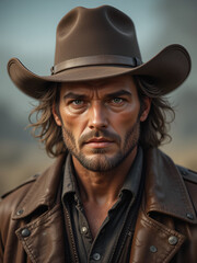 Fototapeta premium A strong-jawed frontiersman with intense gaze, slightly unshaven, wearing a classic Western hat and a worn leather coat