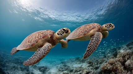 Obraz premium Majestic sea turtles gracefully glide through a vibrant underwater ecosystem