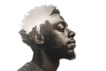 Double exposure of young african male with cityscape silhouette, cut out