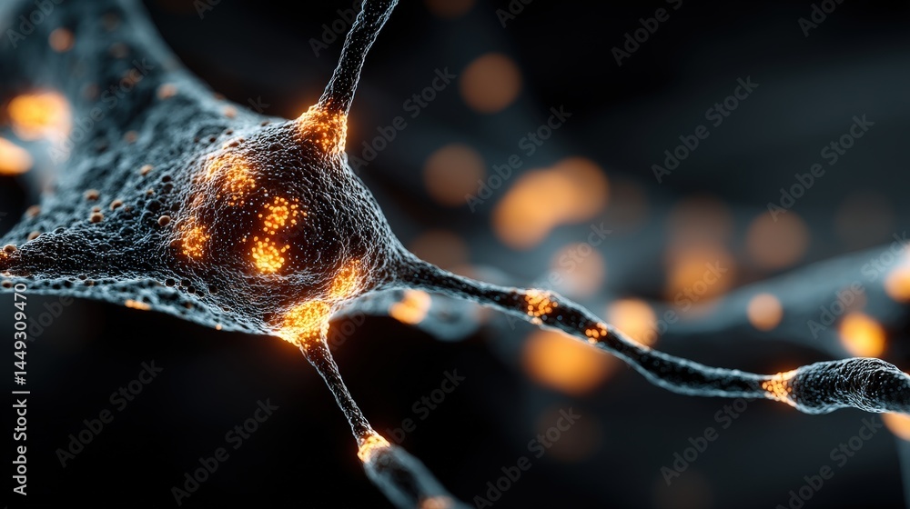 Aufkleber Abstract representation of a cell illuminated with a glowing orange light indicating neural network interconnections