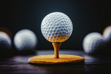 Single golf ball on tee, surrounded by blurred golf balls  A focused, prominent golf ball sits atop a wooden tee on a round, light-orange disc The background features other golf balls in soft focus