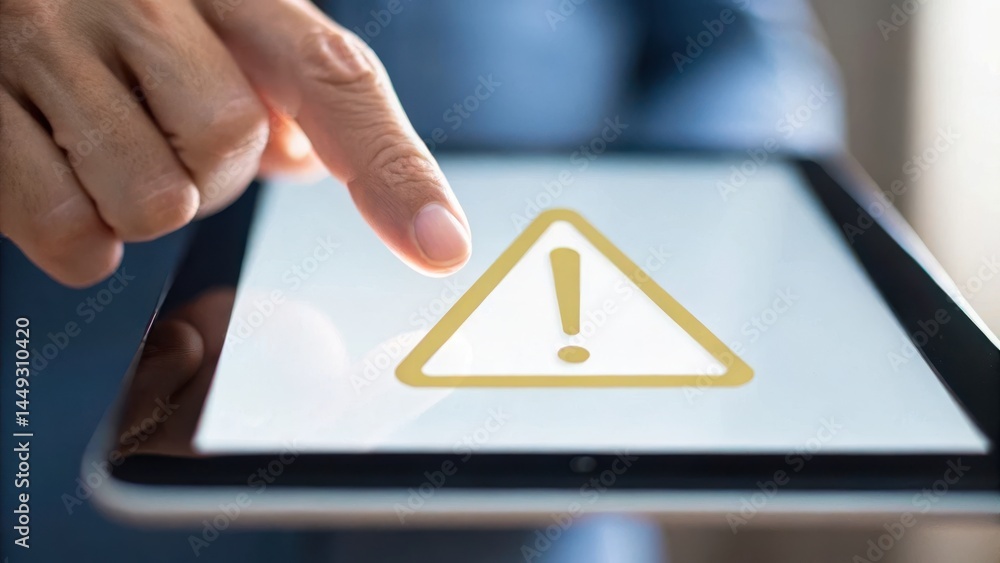 Poster a hand pointing at a tablet screen displaying a yellow warning triangle, indicating a caution or ale