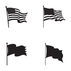 Four black and white silhouettes of American flags waving on poles.
