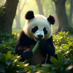 Obraz premium panda eating bamboo