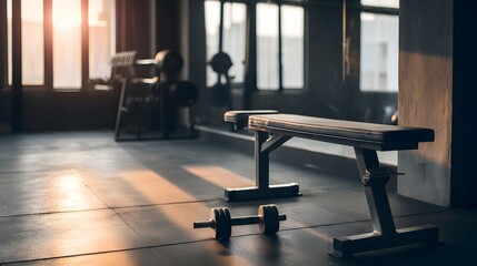 A solitary weight bench in a gym corner, bathed in natural light. Minimalism and focus in modern fitness