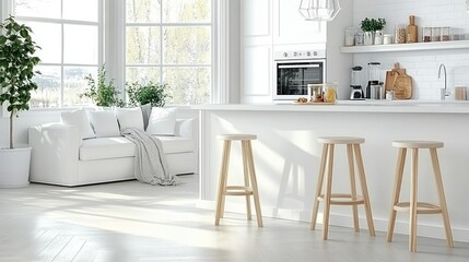 Bright, modern kitchen with living area