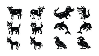 Adorable Cartoon Animal Illustrations Cow, Dog, Crocodile, Dolphin, Donkey, Raven